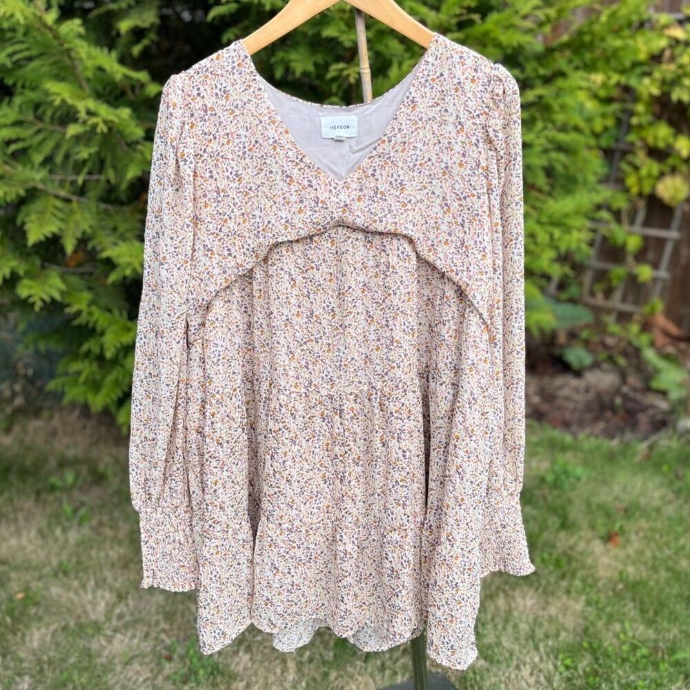 Heyson Floral Babydoll Dress Women's Large Long Sleeve Boho Mini Dress